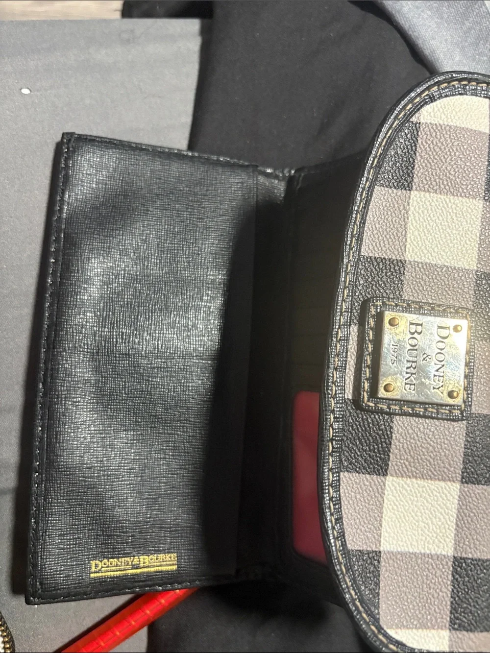 Dooney & Bourke Black and White Check Foldover Wallet with Logo Plaque